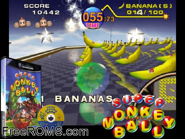 Super Monkey Ball Nintendo Gamecube game showing 3D box cover and gameplay screenshot