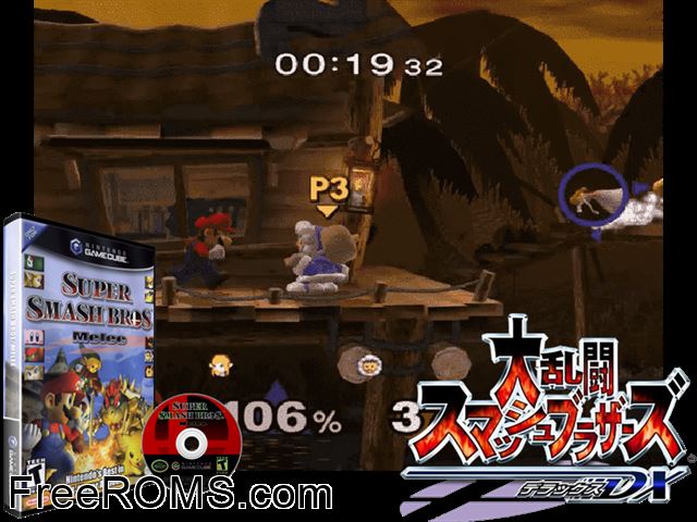 Super Smash Bros. Melee (v1.02) Nintendo Gamecube game showing 3D box cover and gameplay screenshot