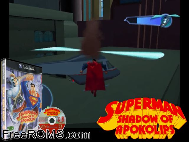 Superman - Shadow of Apokolips Nintendo Gamecube game showing 3D box cover and gameplay screenshot