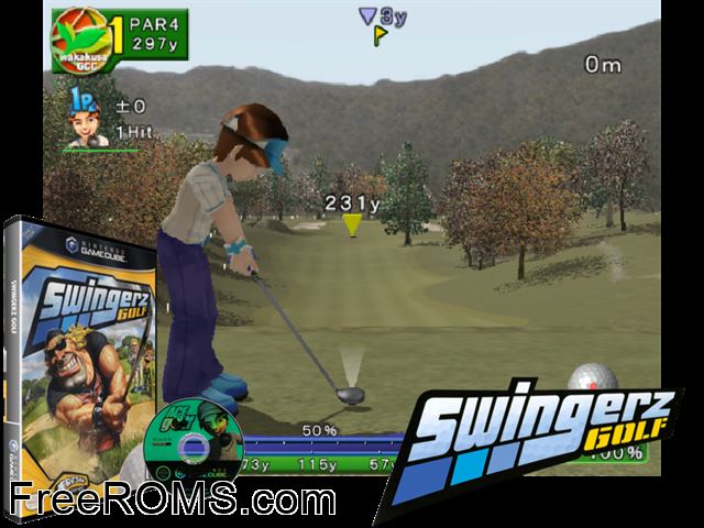 Swingerz Golf Nintendo Gamecube game showing 3D box cover and gameplay screenshot