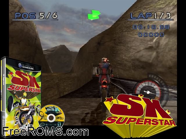 SX Superstar Nintendo Gamecube game showing 3D box cover and gameplay screenshot
