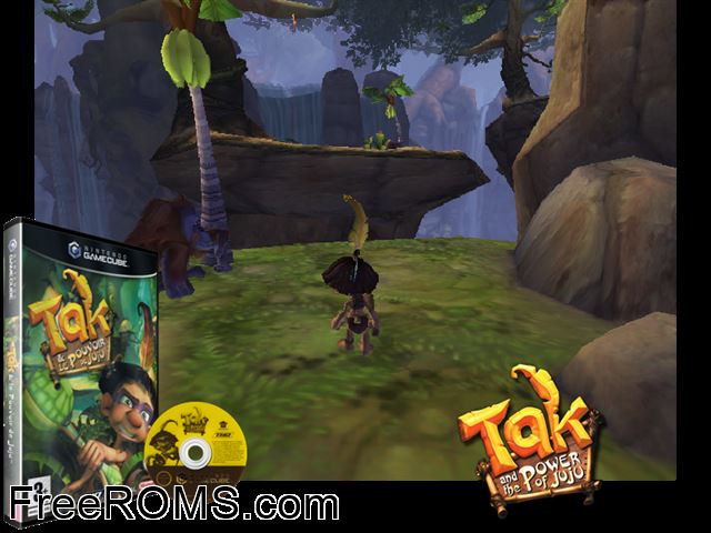 Tak and the Power of Juju Nintendo Gamecube game showing 3D box cover and gameplay screenshot
