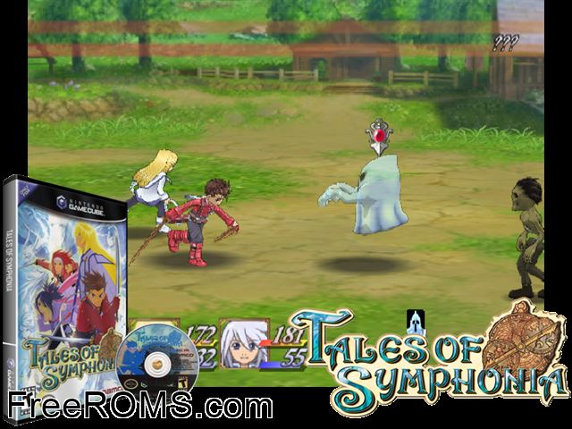 Tales of Symphonia (Disc 1) Nintendo Gamecube game showing 3D box cover and gameplay screenshot