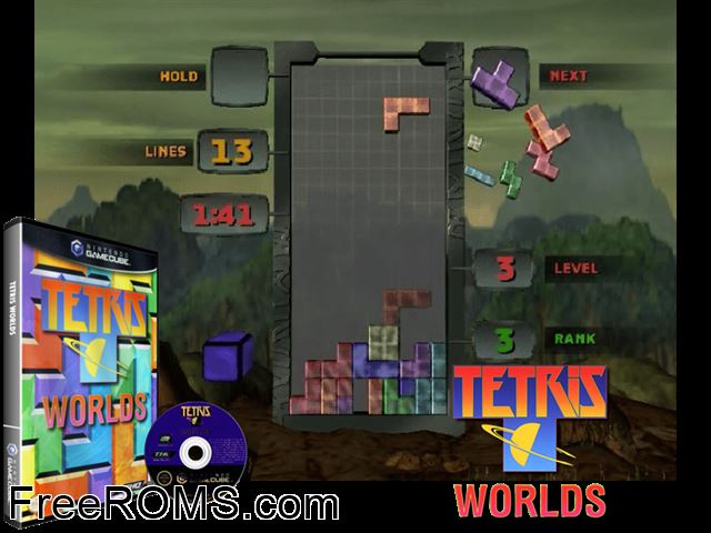 Tetris Worlds Nintendo Gamecube game showing 3D box cover and gameplay screenshot