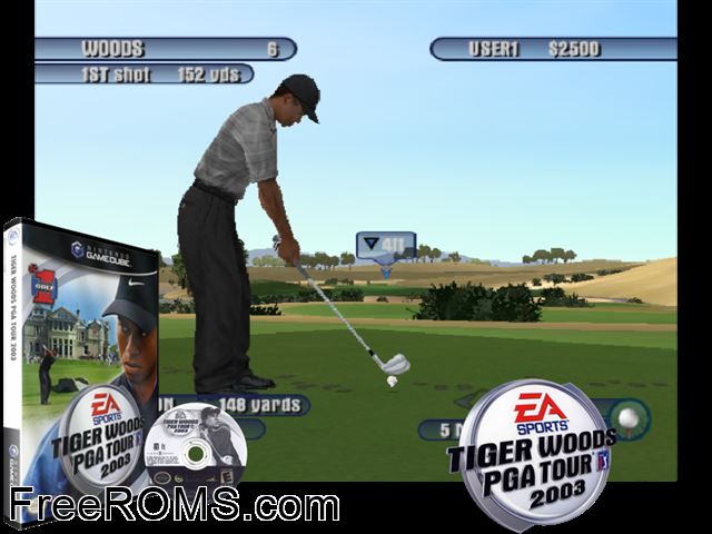 Tiger Woods PGA Tour 2003 Nintendo Gamecube game showing 3D box cover and gameplay screenshot