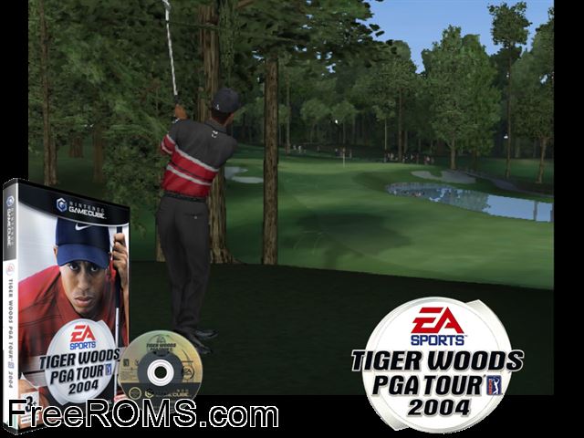 Tiger Woods PGA Tour 2004 (Disc 1) Nintendo Gamecube game showing 3D box cover and gameplay screenshot