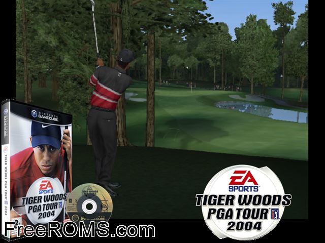 Tiger Woods PGA Tour 2004 (Disc 2) Nintendo Gamecube game showing 3D box cover and gameplay screenshot