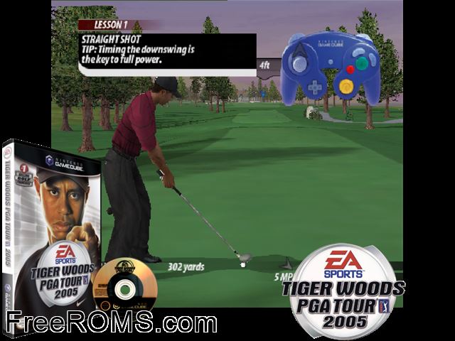 Tiger Woods PGA Tour 2005 (Disc 1) Nintendo Gamecube game showing 3D box cover and gameplay screenshot