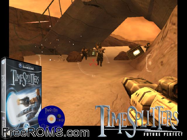 TimeSplitters - Future Perfect Nintendo Gamecube game showing 3D box cover and gameplay screenshot