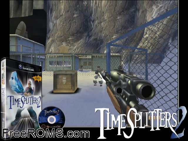TimeSplitters 2 Nintendo Gamecube game showing 3D box cover and gameplay screenshot