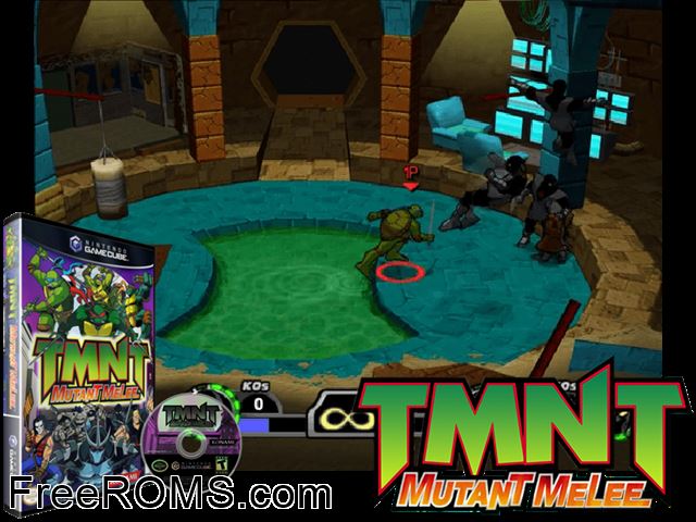 TMNT - Mutant Melee Nintendo Gamecube game showing 3D box cover and gameplay screenshot