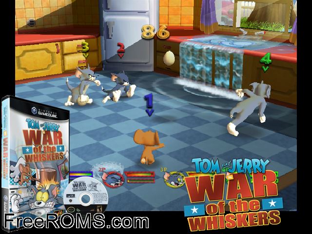 Tom and Jerry in War of the Whiskers Nintendo Gamecube game showing 3D box cover and gameplay screenshot