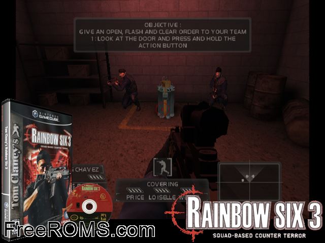 Tom Clancys Rainbow Six 3 Nintendo Gamecube game showing 3D box cover and gameplay screenshot