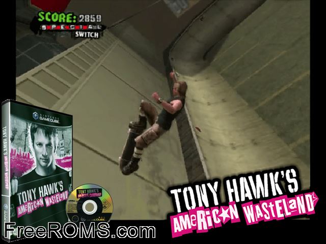 Tony Hawks American Wasteland Nintendo Gamecube game showing 3D box cover and gameplay screenshot