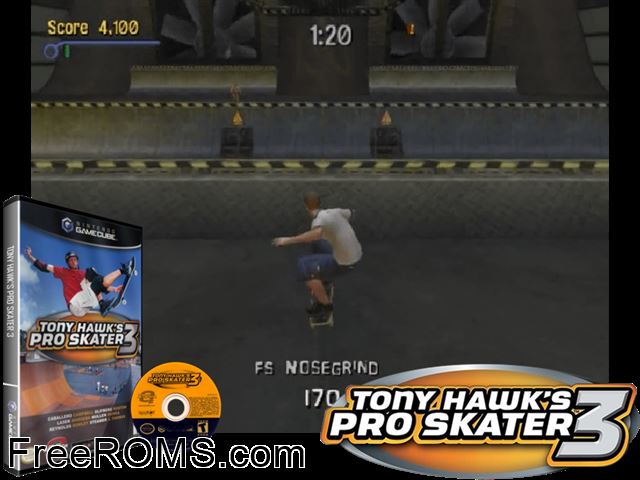 Tony Hawks Pro Skater 3 Nintendo Gamecube game showing 3D box cover and gameplay screenshot