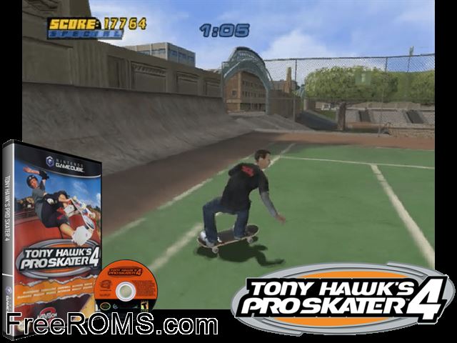 Tony Hawks Pro Skater 4 Nintendo Gamecube game showing 3D box cover and gameplay screenshot