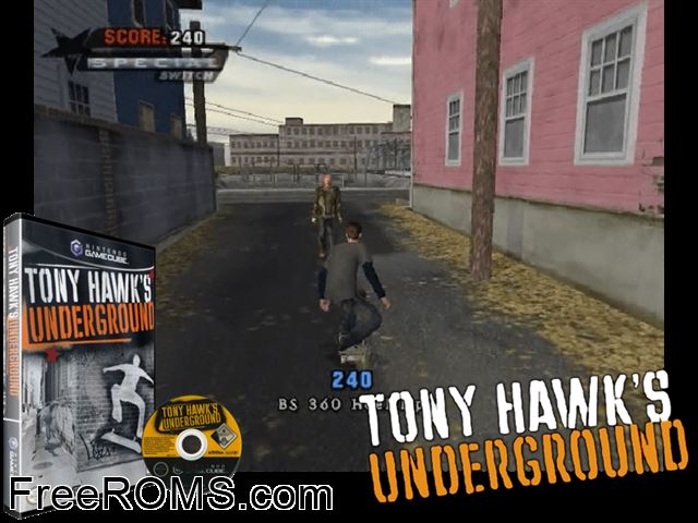 Tony Hawks Underground Nintendo Gamecube game showing 3D box cover and gameplay screenshot