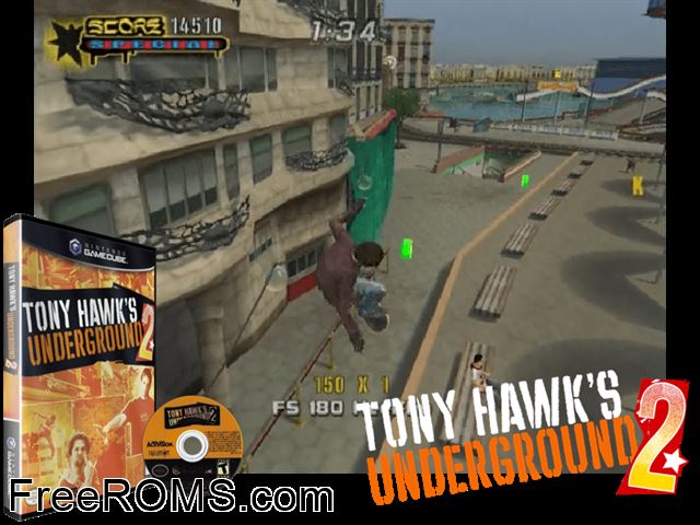 Tony Hawks Underground 2 Nintendo Gamecube game showing 3D box cover and gameplay screenshot