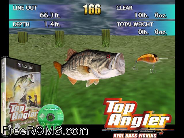 Top Angler - Real Bass Fishing Nintendo Gamecube game showing 3D box cover and gameplay screenshot