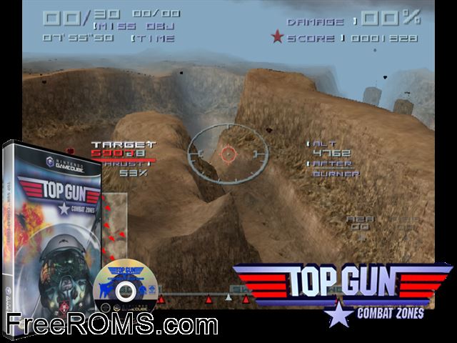 Top Gun - Combat Zones Nintendo Gamecube game showing 3D box cover and gameplay screenshot