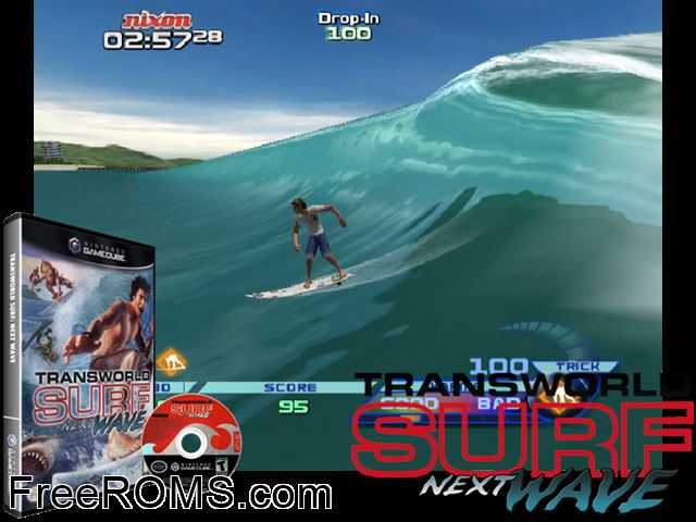 TransWorld Surf - Next Wave Nintendo Gamecube game showing 3D box cover and gameplay screenshot