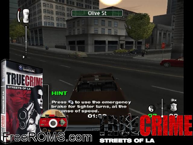 True Crime - Streets of LA Nintendo Gamecube game showing 3D box cover and gameplay screenshot