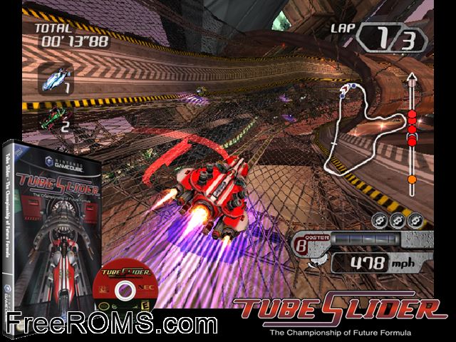 Tube Slider - The Championship of Future Formula Nintendo Gamecube game showing 3D box cover and gameplay screenshot