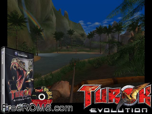Turok - Evolution Nintendo Gamecube game showing 3D box cover and gameplay screenshot