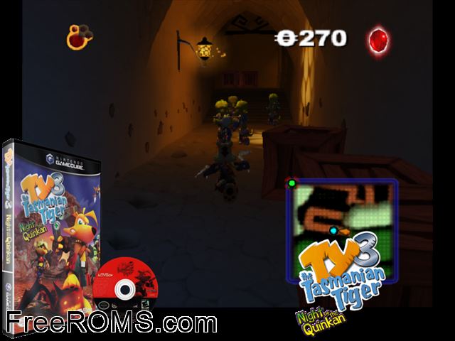 TY the Tasmanian Tiger - Night of the Quinkan Nintendo Gamecube game showing 3D box cover and gameplay screenshot