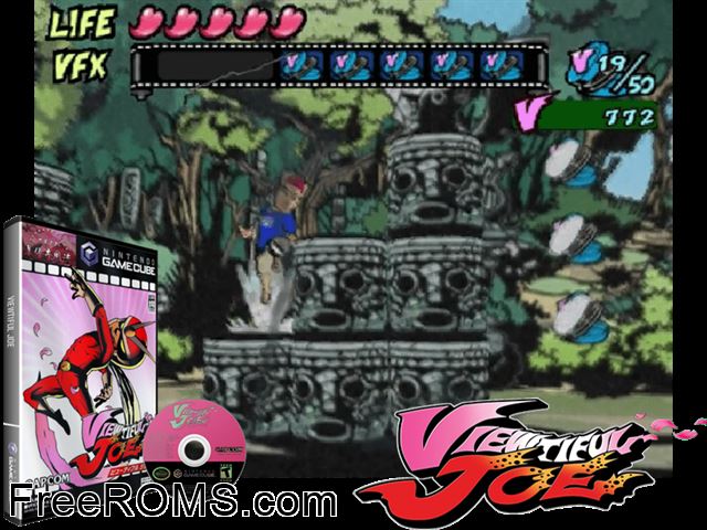 Viewtiful Joe Nintendo Gamecube game showing 3D box cover and gameplay screenshot