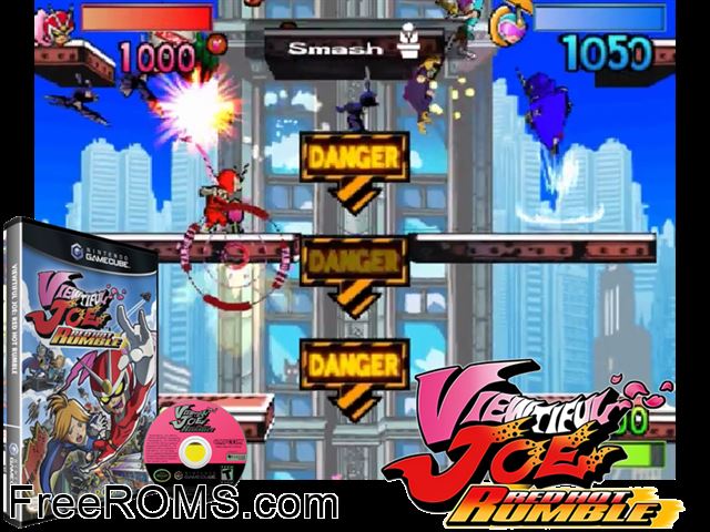 Viewtiful Joe - Red Hot Rumble Nintendo Gamecube game showing 3D box cover and gameplay screenshot