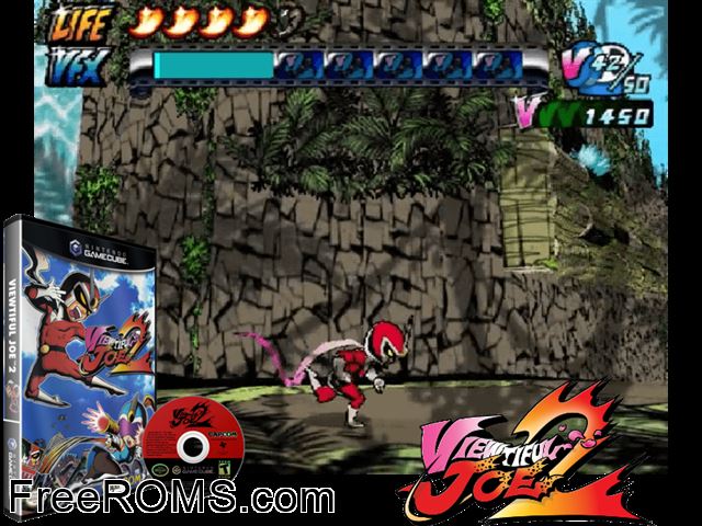 Viewtiful Joe 2 Nintendo Gamecube game showing 3D box cover and gameplay screenshot