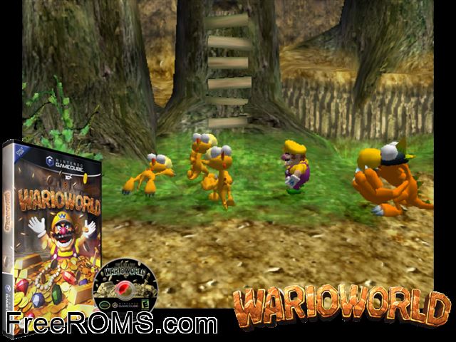 Wario World Nintendo Gamecube game showing 3D box cover and gameplay screenshot