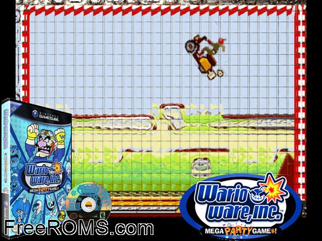 WarioWare, Inc. Mega Party Game Nintendo Gamecube game showing 3D box cover and gameplay screenshot