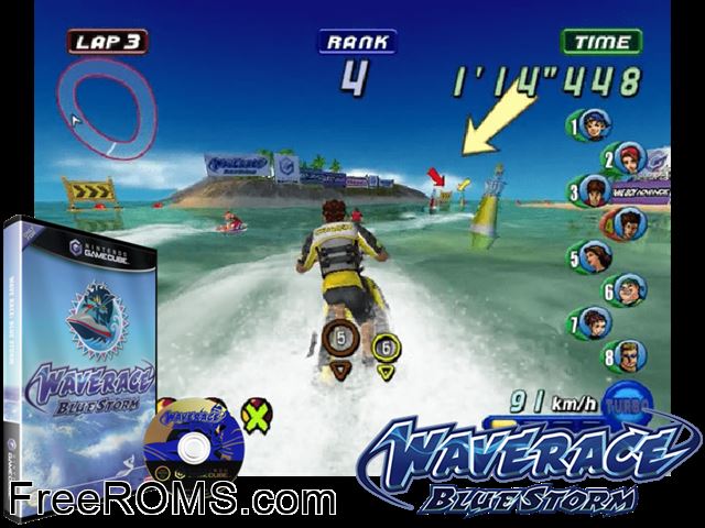 Wave Race Blue Storm Nintendo Gamecube game showing 3D box cover and gameplay screenshot