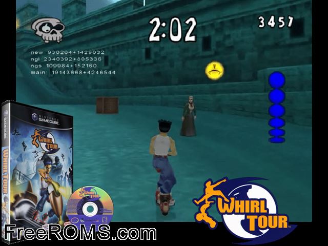 Whirl Tour Nintendo Gamecube game showing 3D box cover and gameplay screenshot