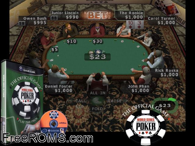 World Series of Poker Nintendo Gamecube game showing 3D box cover and gameplay screenshot