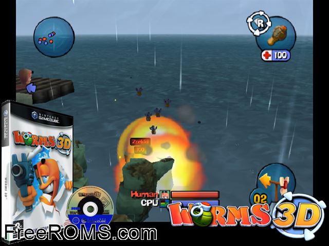 Worms 3D Nintendo Gamecube game showing 3D box cover and gameplay screenshot