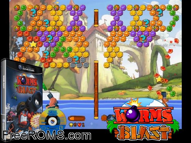 Worms Blast Nintendo Gamecube game showing 3D box cover and gameplay screenshot