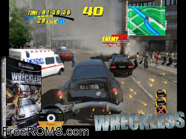 Wreckless - The Yakuza Missions Nintendo Gamecube game showing 3D box cover and gameplay screenshot