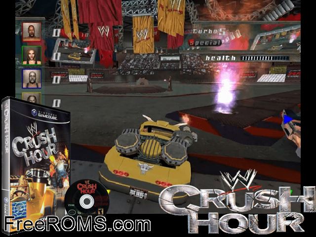 WWE Crush Hour Nintendo Gamecube game showing 3D box cover and gameplay screenshot