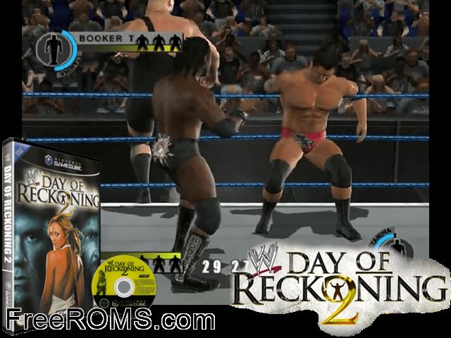 WWE Day of Reckoning 2 Nintendo Gamecube game showing 3D box cover and gameplay screenshot