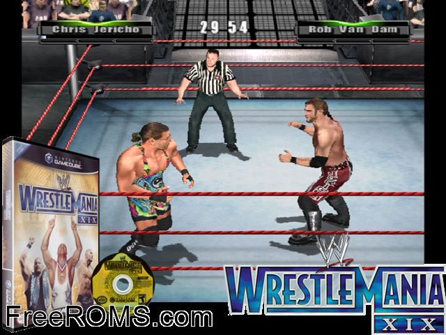 WWE WrestleMania XIX Nintendo Gamecube game showing 3D box cover and gameplay screenshot