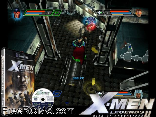 X-Men Legends II - Rise of Apocalypse Nintendo Gamecube game showing 3D box cover and gameplay screenshot