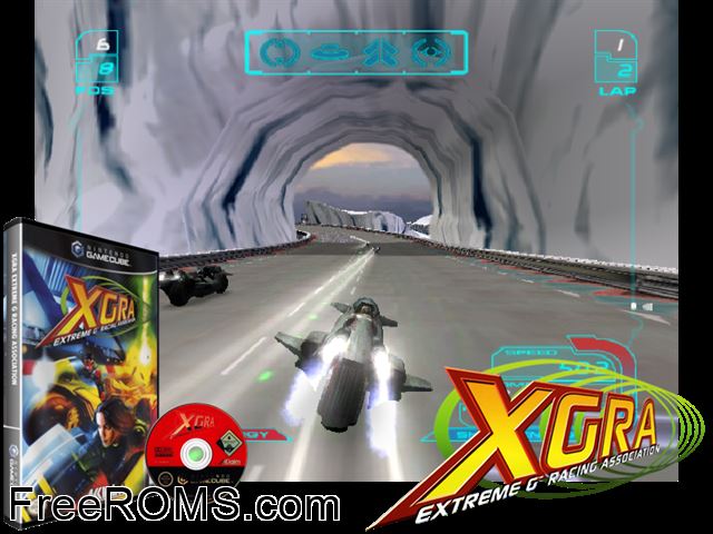 XGRA - Extreme G Racing Association Nintendo Gamecube game showing 3D box cover and gameplay screenshot