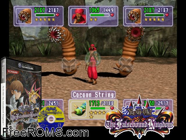 Yu-Gi-Oh! The Falsebound Kingdom Nintendo Gamecube game showing 3D box cover and gameplay screenshot