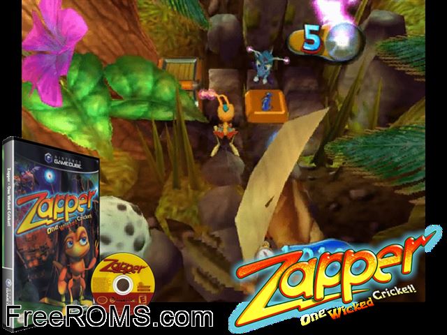 Zapper Nintendo Gamecube game showing 3D box cover and gameplay screenshot