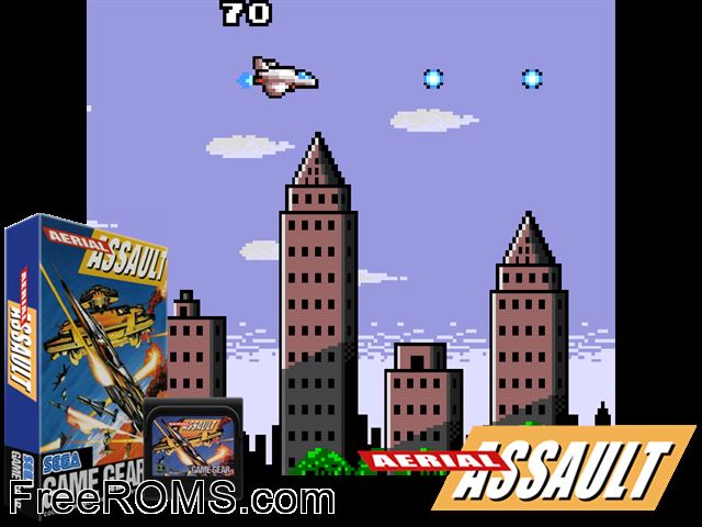 Aerial Assault Game Gear game showing 3D box cover and gameplay screenshot