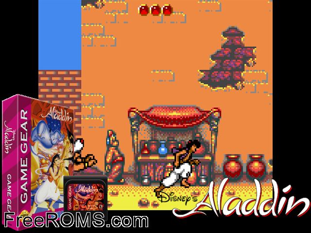 Aladdin Game Gear game showing 3D box cover and gameplay screenshot