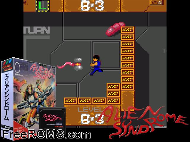 Alien Syndrome Game Gear game showing 3D box cover and gameplay screenshot